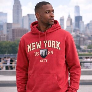 New York Popular Red Varsity Hoodie Sz L Raised Lettering NYC Hooded Pullover